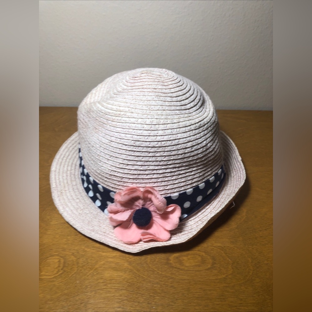 Disney Parks Minnie Mouse Straw Paper Hat Youth Pink With Blue Band With Flower